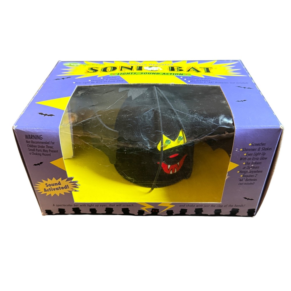 VTG 90s Sonic Bat Halloween Decoration Sound Activated Shakes Lights Works Box